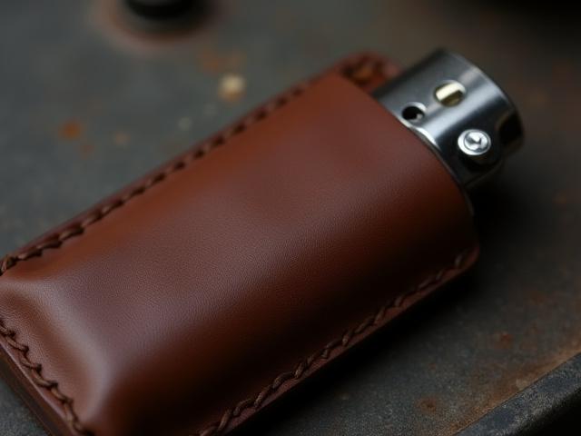 A handcrafted leather case designed for a standard Bic lighter, showcasing the precise fit and durable construction of the vegetable-tanned leather. The lighter is partially visible.
