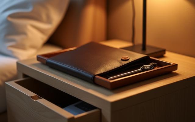 A beautifully arranged leather valet tray on a minimalist nightstand, holding a watch, a sleek pen, and a small wallet. The scene evokes order and understated luxury.