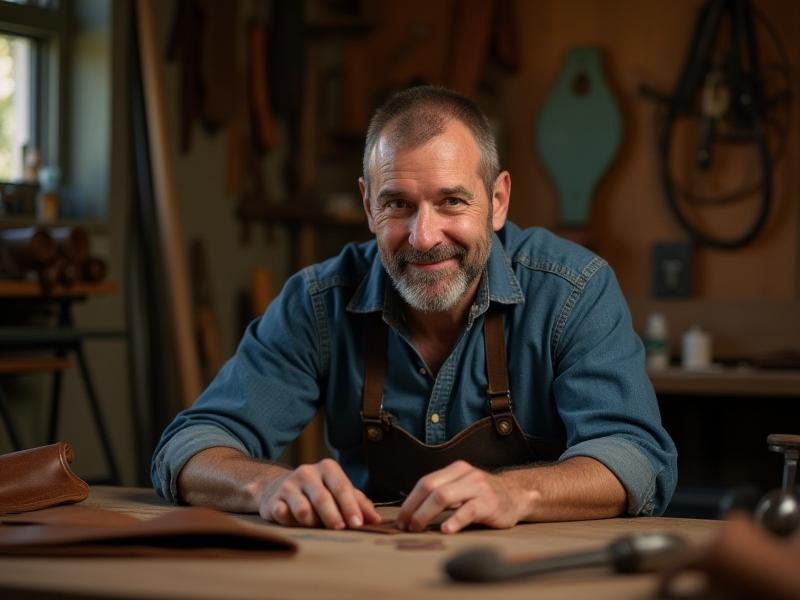 Portrait of William J Magon meticulously working on a leather piece in his well-lit workshop