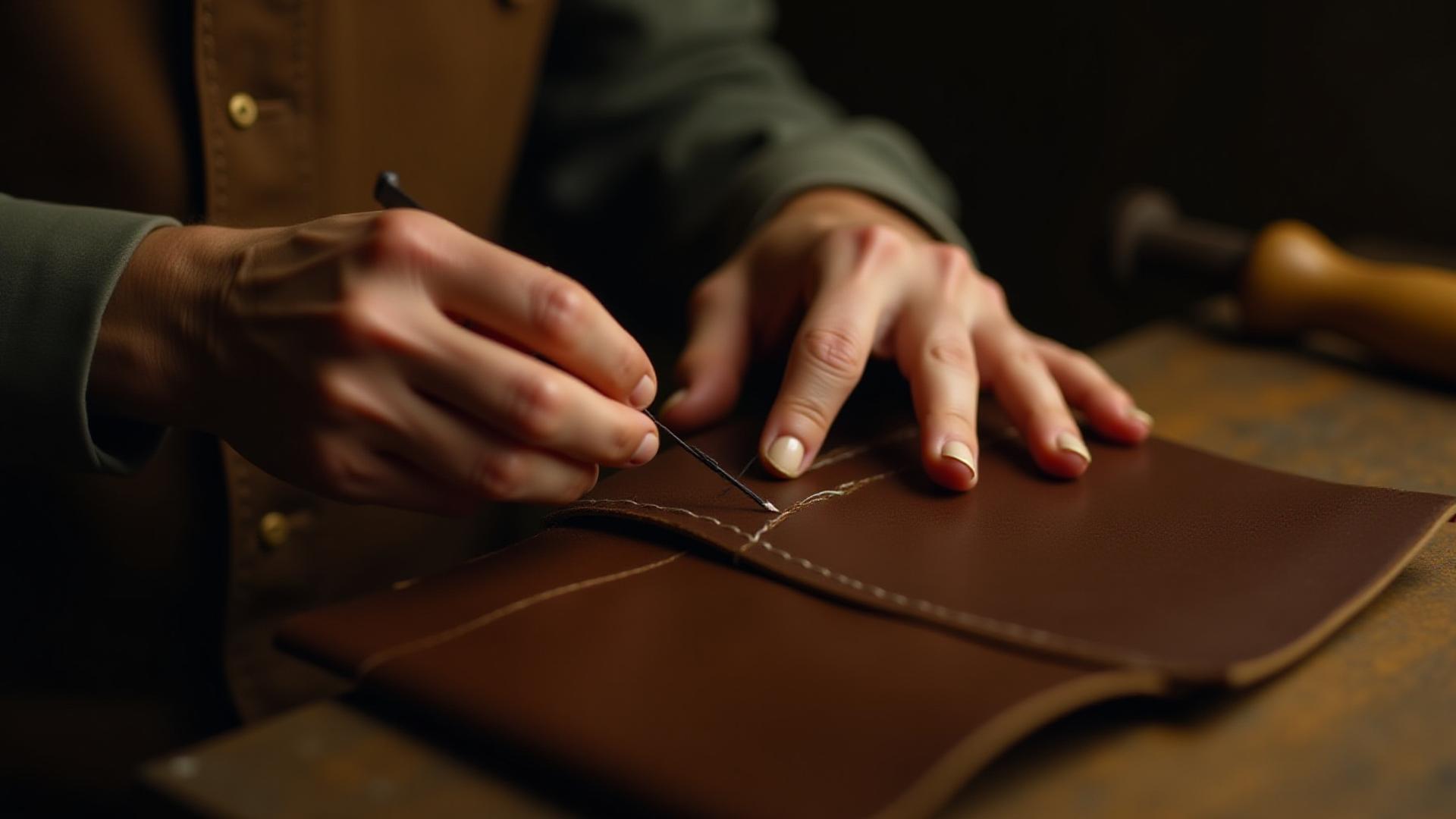 Artisan's hands meticulously stitching bespoke leather goods, illuminated by soft workshop light