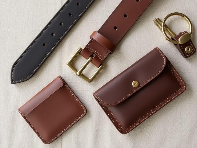 Assortment of handmade leather accessories including a belt, keychain, and small pouch