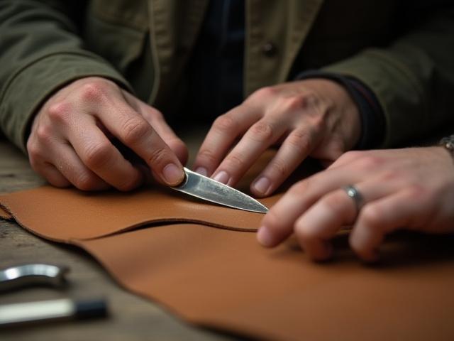 William J Magon, the artisan, demonstrating a leather cutting technique to a focused student during a workshop, hands close-up with tools.