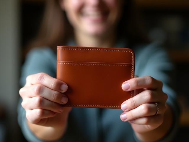 Student proudly holding a newly crafted minimalist wallet made of brown vegetable-tanned leather, with neat saddle stitching.
