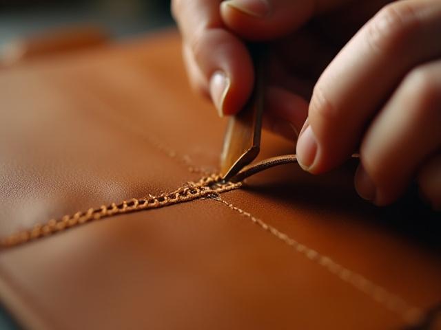 Close-up of artisan's hands performing intricate box stitching on leather.