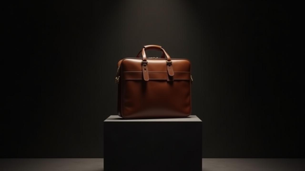 A highly sophisticated, handcrafted leather briefcase, beautifully lit, showcasing rich texture and minimalist design.