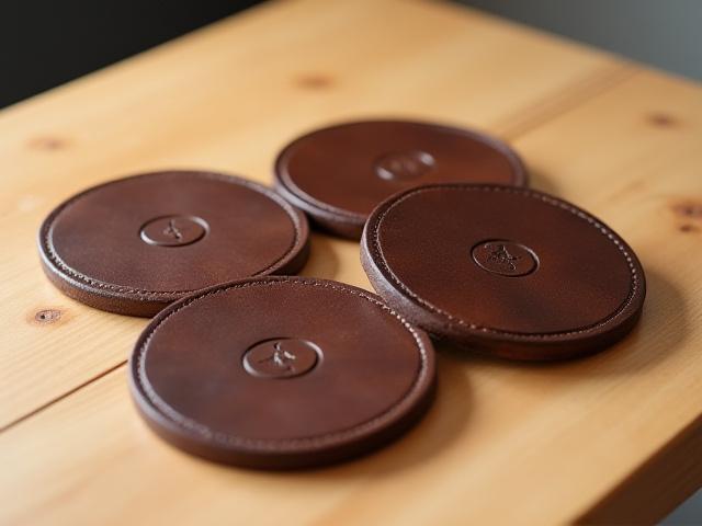 Set of four rich brown leather coasters each with a debossed company logo