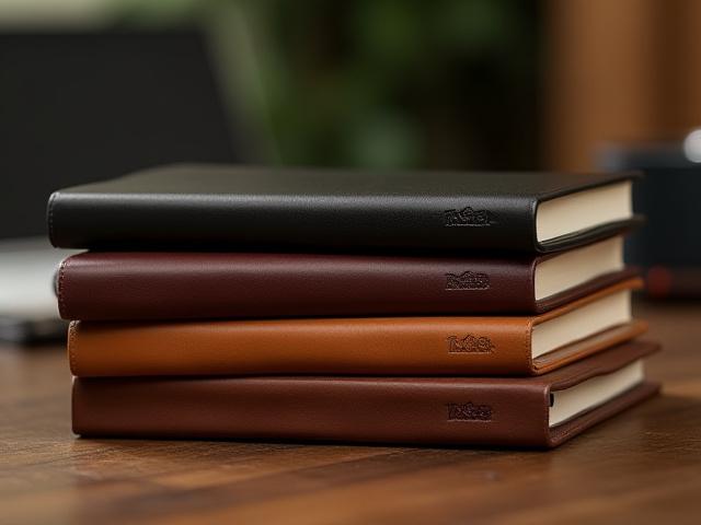 A stack of custom branded leather notebooks with a subtle logo in the corner