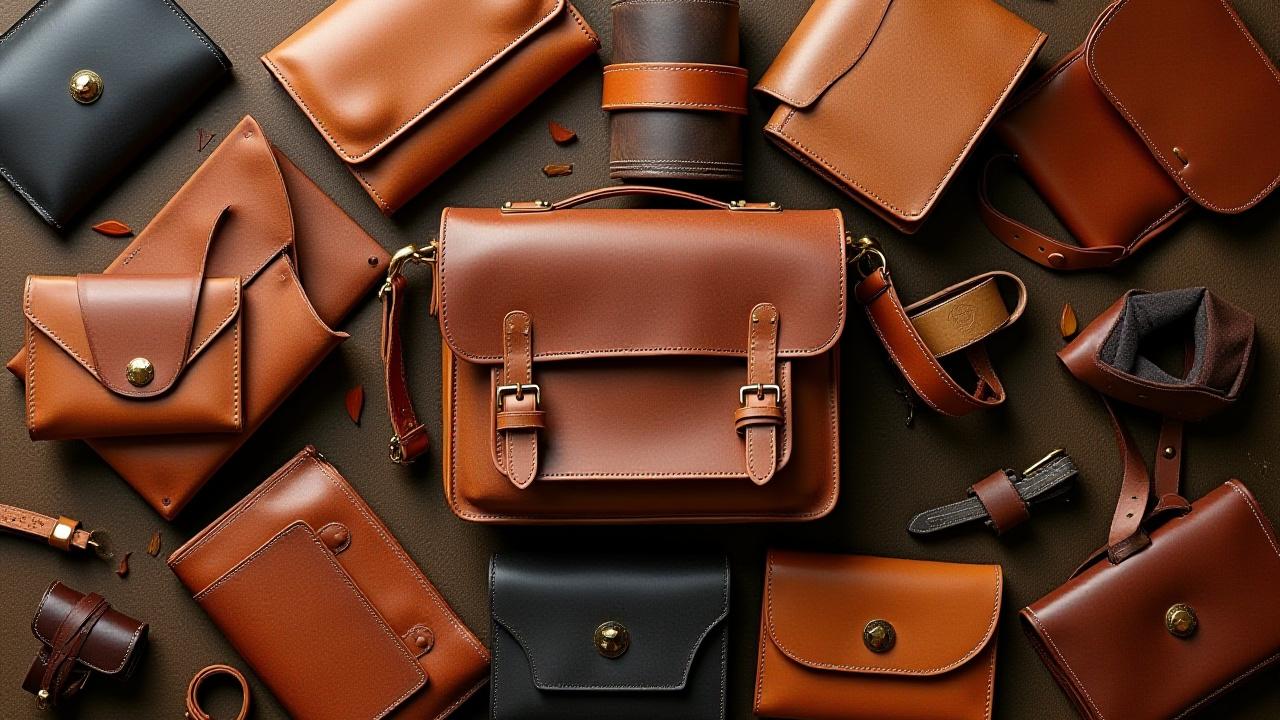 Dynamic collage of various custom WILLIAM J MAGON leather goods including bags, wallets, and accessories, showcasing skilled craftsmanship